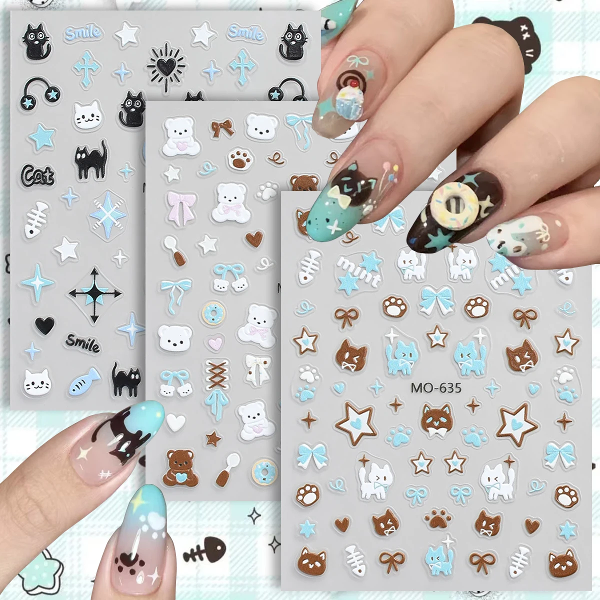 3/6 Blatt süße Katze Bär Nail Art Aufkleber 5D geprägt Kawaii Tier selbstklebende Nagelaufkleber blau braun Stern Schleife Design