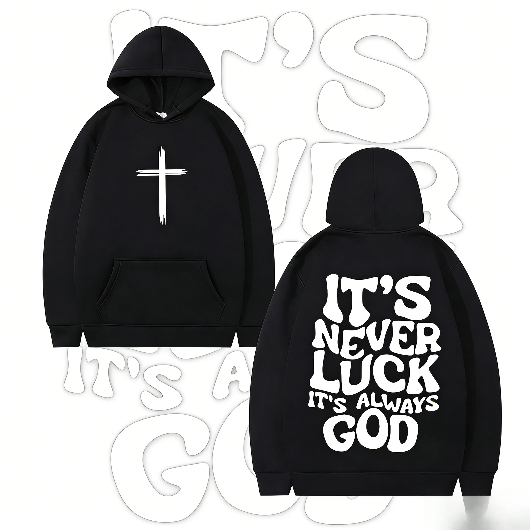 Bluza z kapturem z nadrukiem w stylu retro z napisem \\\\\\\"Never Luck It Always God Christian\\\\\\\" dla kobiet i mężczyzn, jesień/zima 2025-26, 100% czysta bawełna.