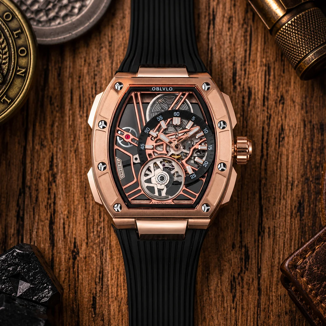 OBLVLO ZRM-ZM 46mm Rose Gold Tonneau Automatic Watch Luxury Skeleton Mechanical Sport Wristwatch Two Tone Black Rubber Strap