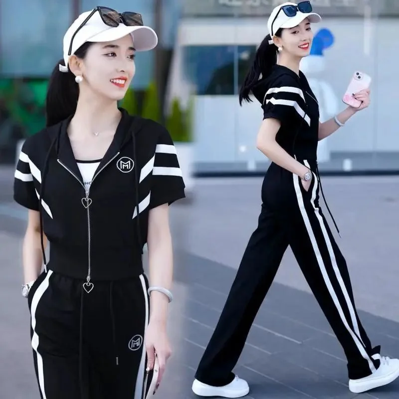 Fashion Casual Set for Women\'s 2024 Summer New Loose and Stylish Sportswear with Wide Leg Pants Two-piece Set