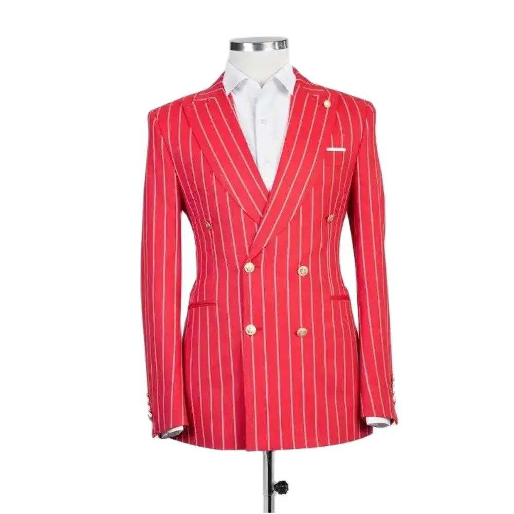 

Red Stripe Men Suits With Pants 2 Pieces Jacket+Pants Slim Fit Wedding Groom Tuxedos Suit Prom Custom Made Blazer Daily Wear