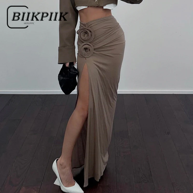 

BIIKPIIK Casual Brown Shirring Long Skirts For Women Sexy Vent Flower Decoration Slim Skirt High Waisted Bottom Elegant Clothing