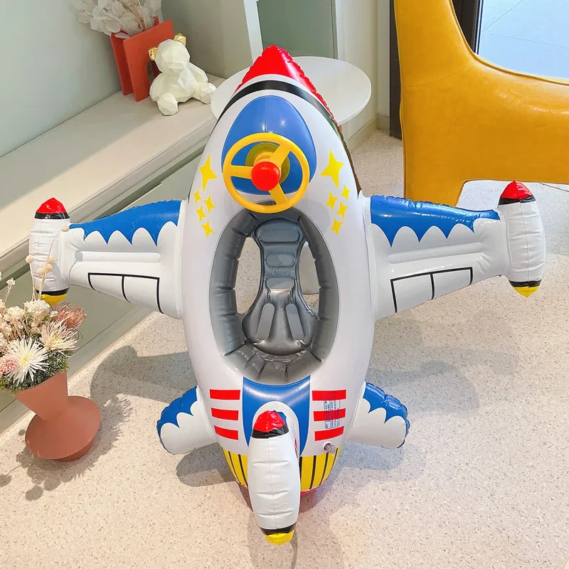 Avión pequeño creativo para niños, asiento inflable engrosado, anillo de natación, volante, pistola de agua, cuerno, juguetes inflables para piscina