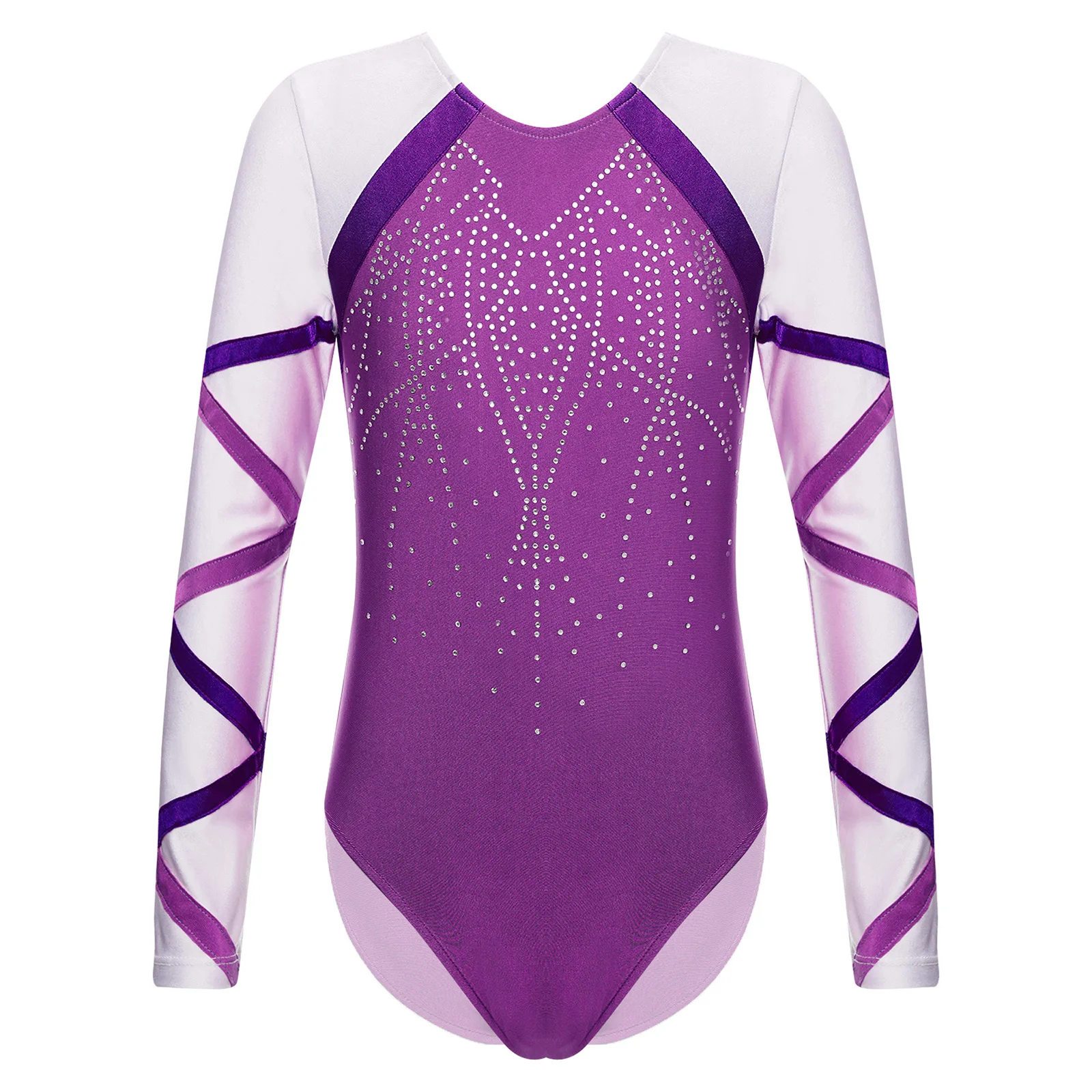 Kids Girls Ballet Gymnastics Leotard Figure Ice Skating Dance Unitard Shiny Sequins Rhinestones Round Neck Long Sleeve Bodysuit