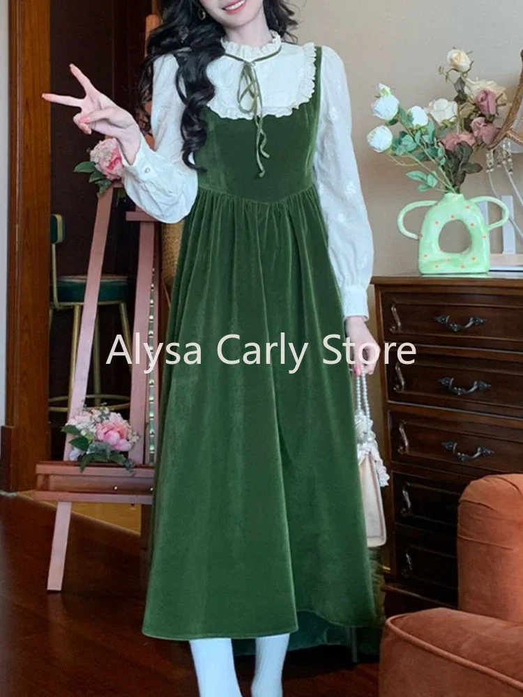 Vintage Velvet Fake Two Dress Women Sweet Slim Long Sleeve Casual Midi Dress Female Korean Fashion Elegant Party Lace Dress Slim