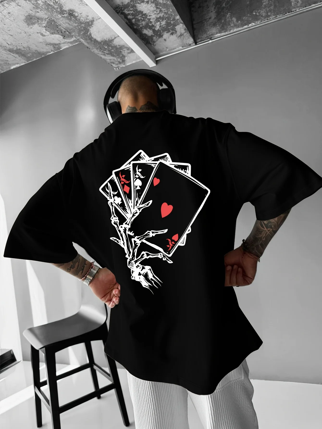 Y2k Personality Trend Fashion 180g Pure Cotton Men's T-shirt Loose Short Sleeved Top Hardcore Street American Daily Casual Breathable Creative Printing Summer Clothes Outdoor Sports Gift Skeleton Holding Poker Card Pattern Design