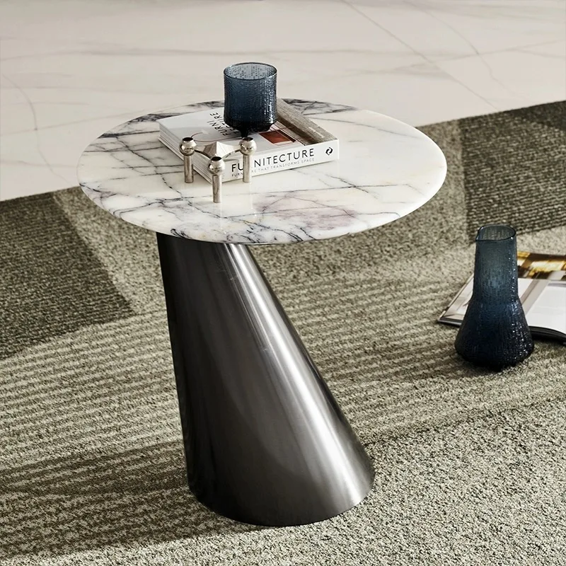 Italian-style Modern Minimalist Non-extendable Side Table Natural Marble Light-luxury Stainless-steel Sofa End Table/Living Room
