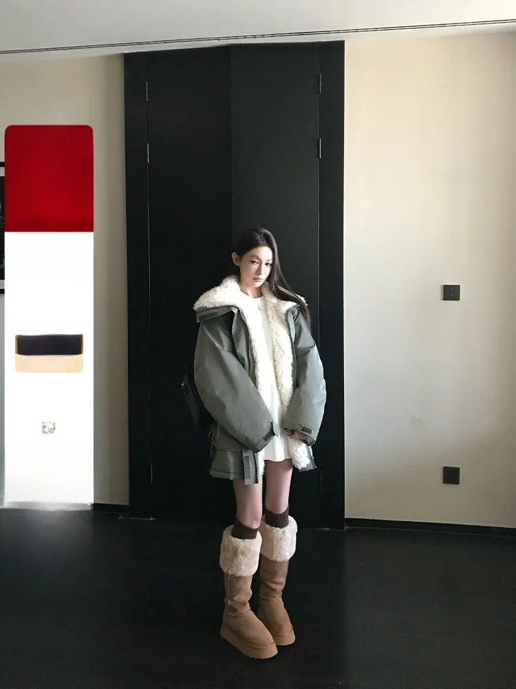 

Женская парка Skk Store с воротником из овечьей шерсти Orla Thiened, модный дизайн с элементами пэчворка, стильное пальто для повседневной носки с длинными рукавами