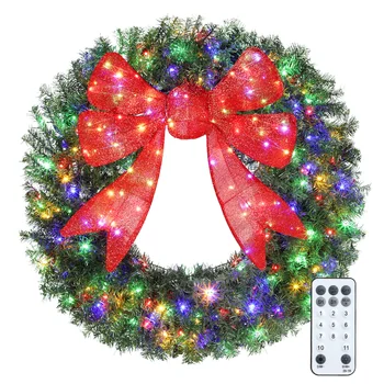 HOMCOM 48in Flocked Pre-Lit Artificial Christmas Wreath with 3D Red Bow 1