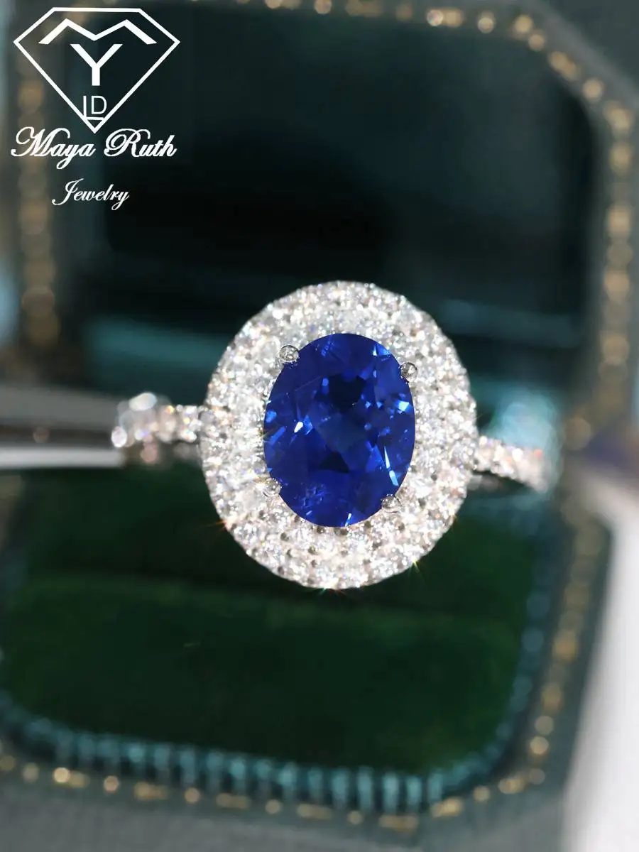 Created Sapphire Gemstone Cocktail Ring For Women Blue Real 925 Sterling Silver Party Anniversary Gift Female Oval Shape Vintage