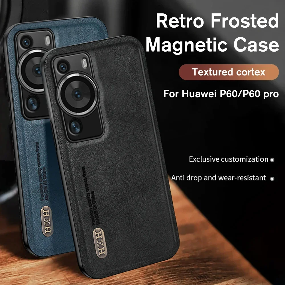 

Retro Matte Leather Texture Case For Huawei P60 Pro Car Magnetic Camera Shockproof Cover Hauwei P60Pro HuaweiP60 Huawey P 60 4G