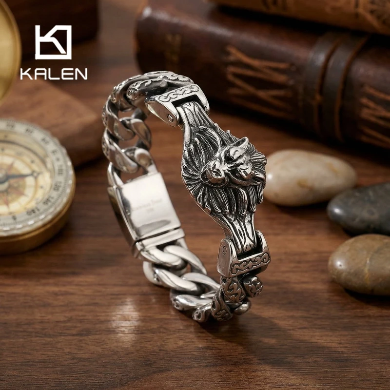 KALEN Skull Wolf Head Stainless Steel Men's Bracelet Charm Chain Punk Style Street Halloween Party Accessories