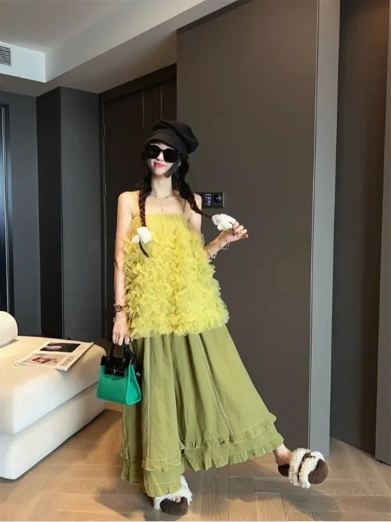 Spodnie z szerokimi nogawkami z haftem Ele, damskie, z wysokim stanem, luźne, codzienne spodnie-spódnica, koreański styl, do pracy, modne, na lato 2025