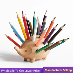 Madeira Sólida Carving Hedgehog Penholder, 24 Buracos, Suporte de Lápis Criativo, Decoração para Casa, Art Desk Figurinhas, Presente Infantil