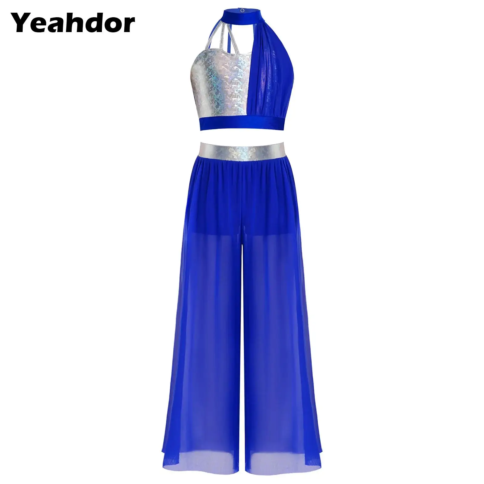 Kids Girls Dance Stage Performance Competition Outfits Sleeveless Tank Top And Mesh Tulle Pants with Built-in Shorts Set