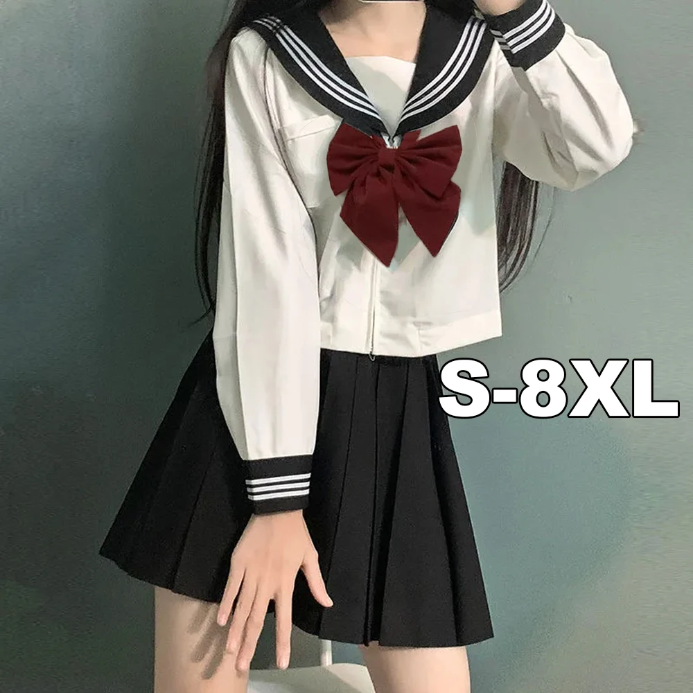 S-8XL Japan School Girl JK Uniform Short/long Sleeve Cosplay Sissy Navy Sailor Set Pleated Skirt Cross dresser COS Anime Costume