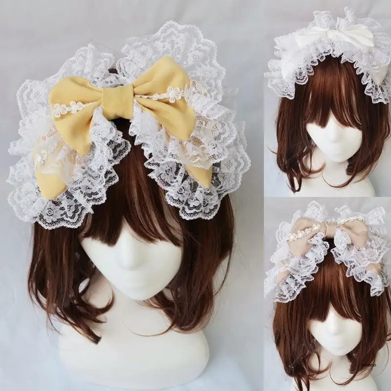 Doce bowknot hairband headdress empregada gótica babados renda headwear