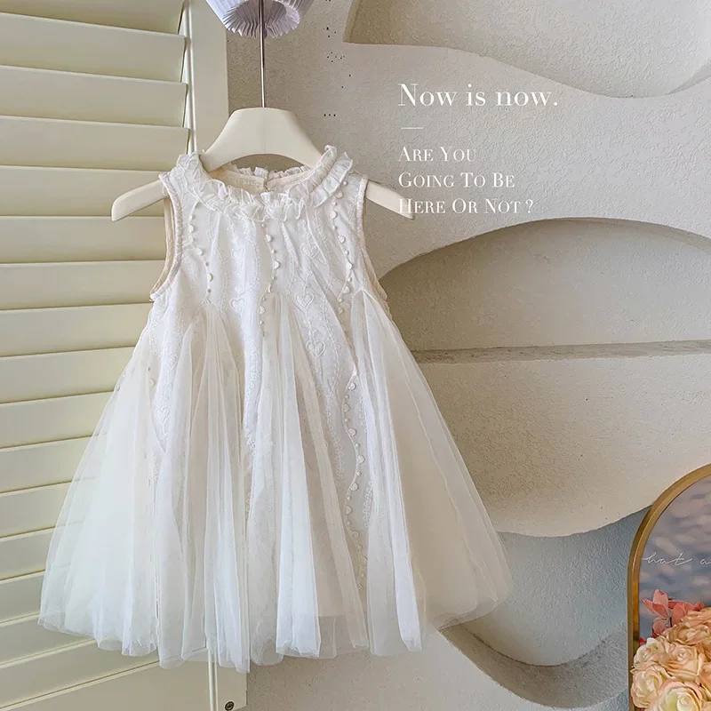 

2025 Summer Girls Sleeveless Dress New Children's Lace Skirt Baby Dress Girls Gauze Skirt Fashion Princess Dress