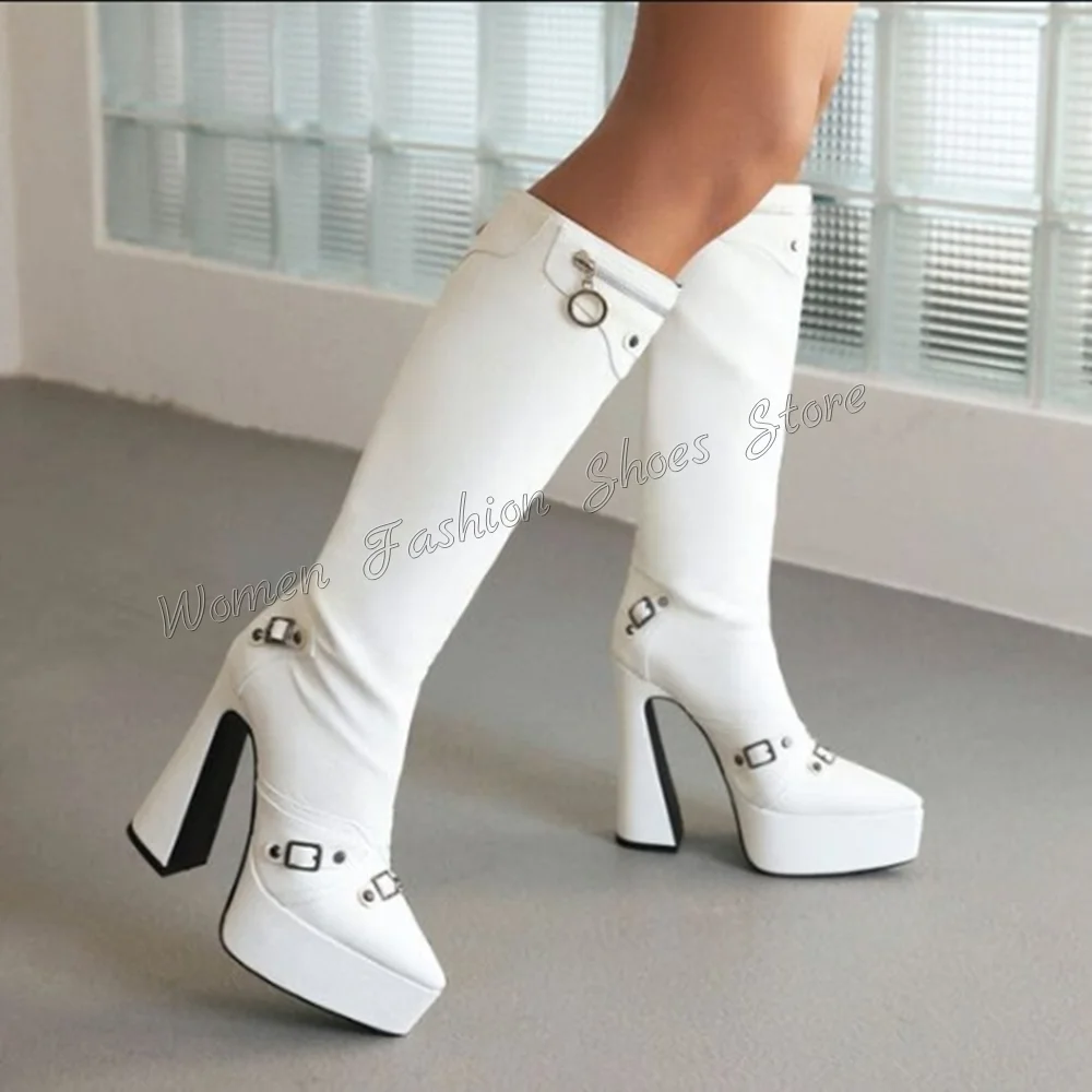 

White Platform Buckle Decor Zipper Decor Boots Matte Leather High Heel Shoes for Women Sexy Heels 2024 New Zapatos Para Mujere