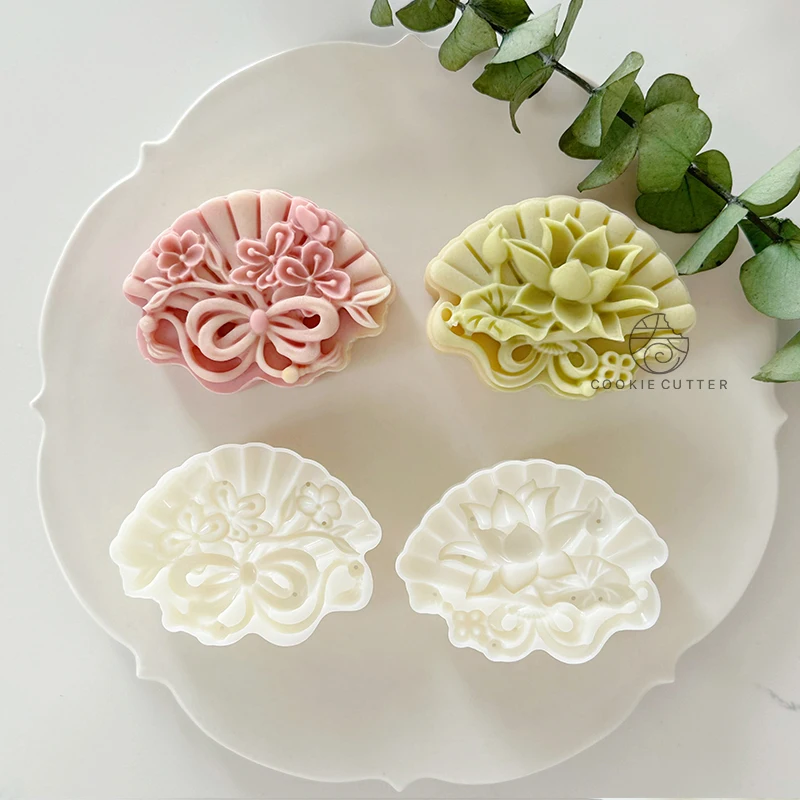 50g/75g Lotus Folding Fan Shape Mooncake Mold Mid-Autumn Festival Gift Fondant Cake Decoration Tools Baking Accessories