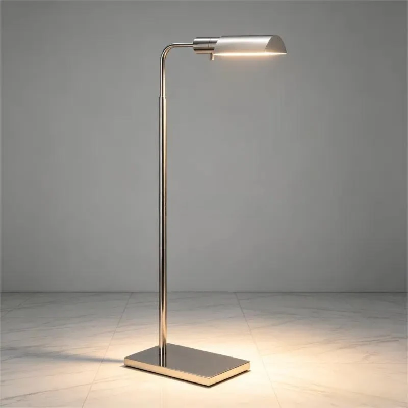 Nickel Reading Floor Lamp with Rotatable Cylindrical Metal Shade for Modern Living Room Bedroom Villa Hotel Decoration