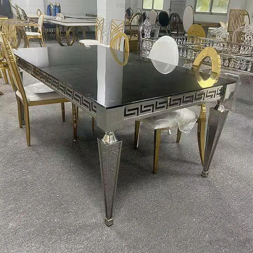 FSDKX Wedding Banquet Table Stainless Steel Frame Glass Desktop Hotel Event Table Wedding Furniture Dining Table
