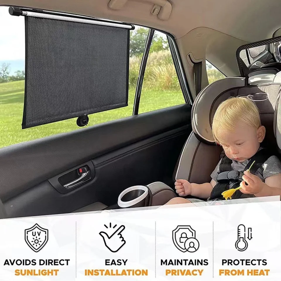 Summer Car Side Window Sun Shade Retractable Car Glass Roller Shades Blocks Harmful Sun Glare for Baby Kids Pets