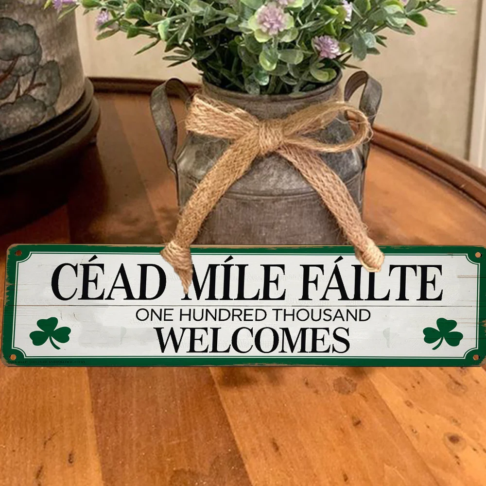 Irish St. Patrick's Day Welcome Sign, Featuring A Green and White Color Scheme with A Fourleaf Clover Pattern. Perfect for Homes