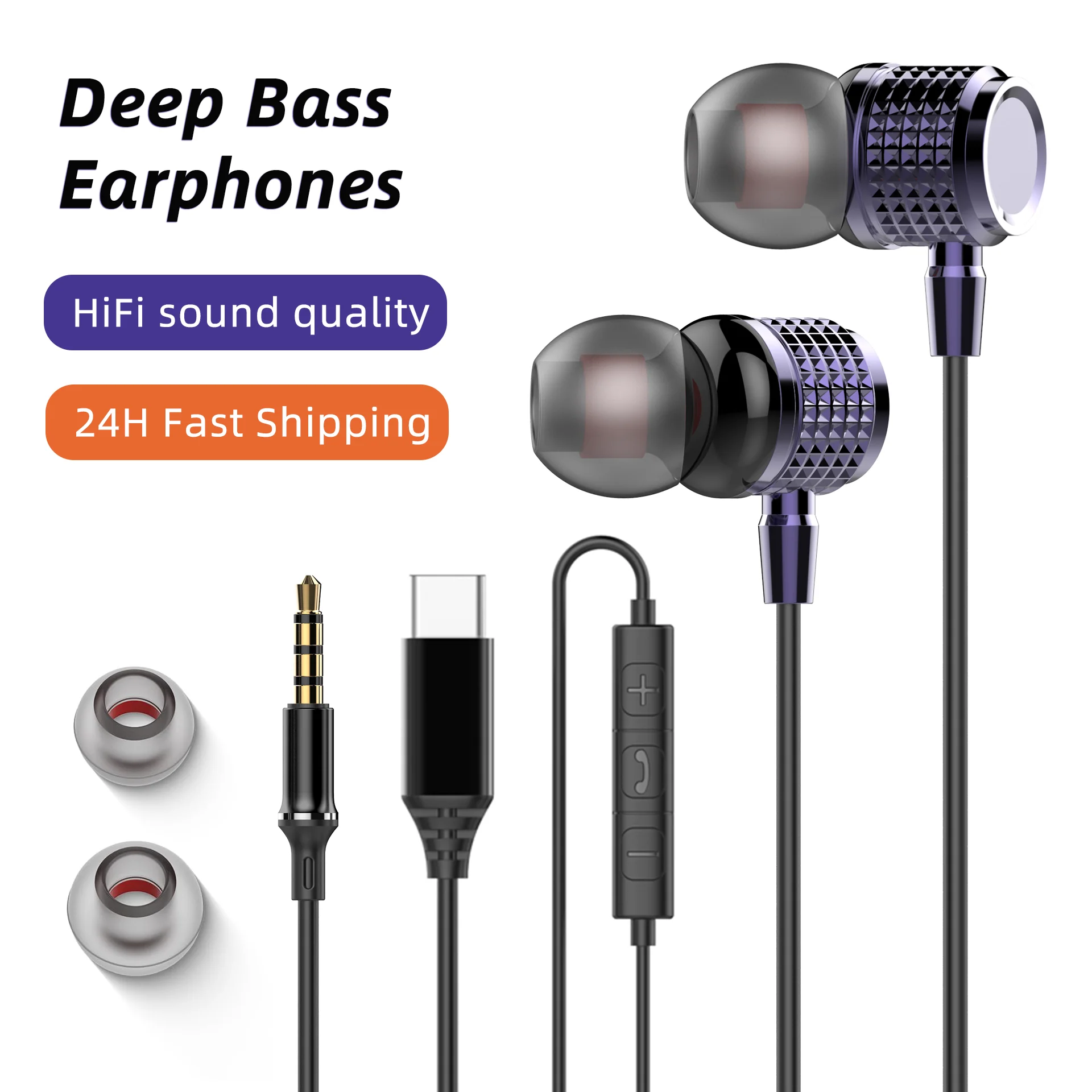 

USB Type C Earbuds Metal Heavy Bass Earphones In Ear Noise Reduction 3.5mm Wired Headphones with Mic for Samsung Galaxy iPhone