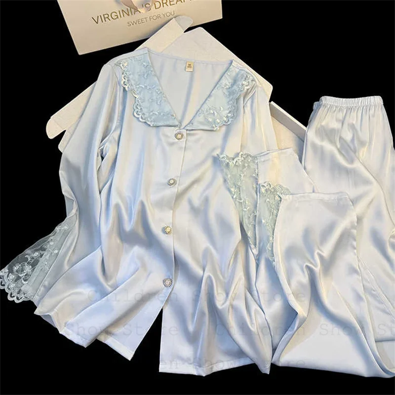 New Ice Silk Loungewear Fairy Full Sleeve Tops Pants Two Piece Sets Satin Princess Sleepwear Nightwear Lace Women Pajamas