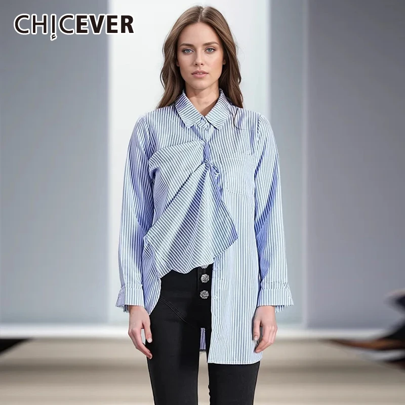 

CHICEVER Striped Shirts For Women Lapel Long Sleeve Patchwork Single Breasted Hit Color Casual Loose Blouse Female Clothes New