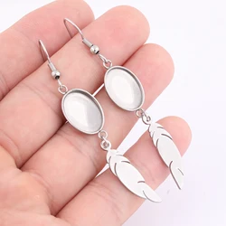 10pcs Stainless Steel 10x14mm Oval Cabochon Earring Base Setting Blanks With Feather Charm Diy Hooks Findings For Jewelry Making