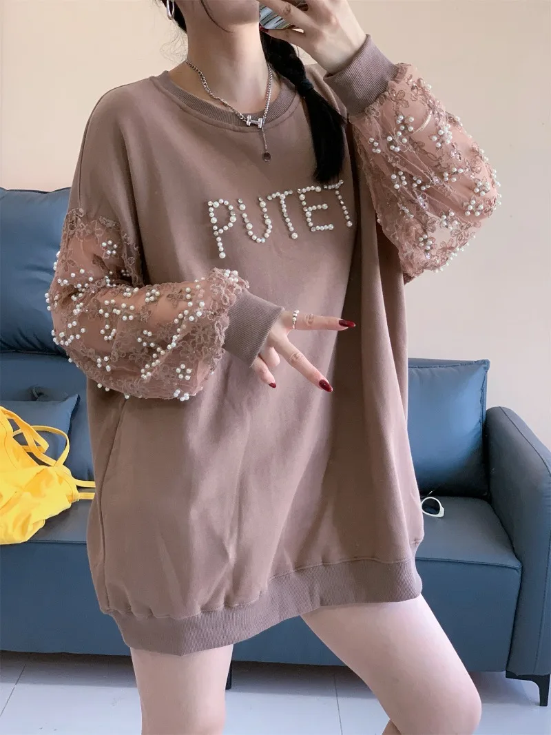 Korean Style Heavy Industry Beaded High-End Mesh Casual Top Spring and Autumn New O-Neck Sweatshirt For Women's Kawaii Hoodies
