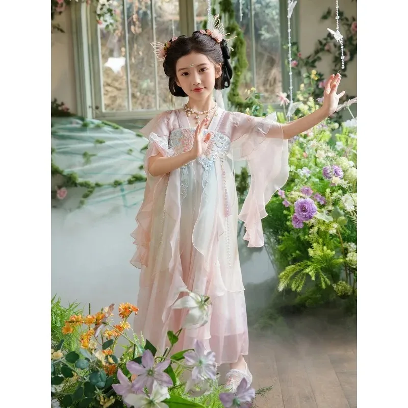 

2026 summer girls Hanfu, flower embroidery national style and ancient style, children's super fairy princess dress