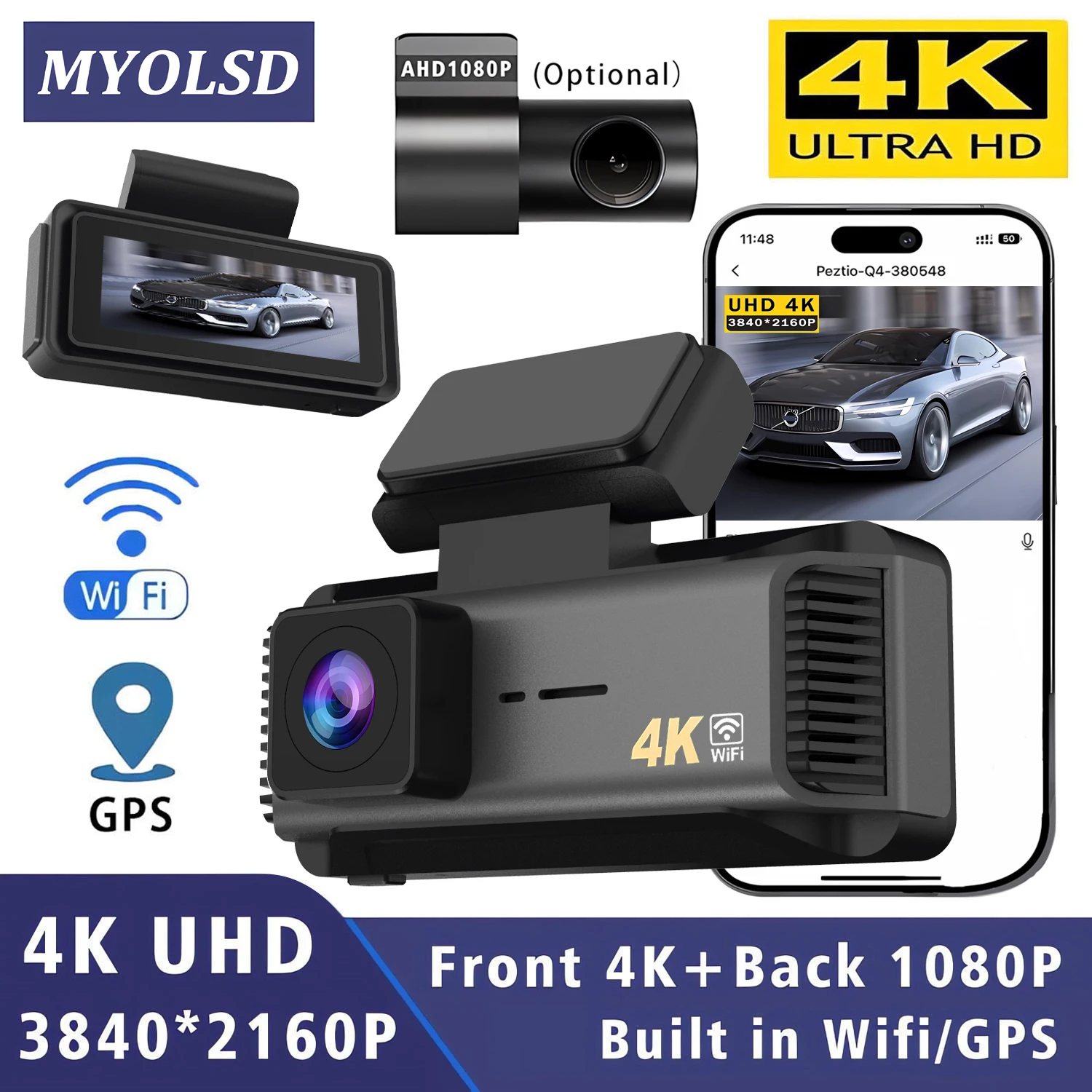 Dashcam 4K 3840*2160P Auto-DVR WLAN GPS Mini Dual-Objektiv-Kamera Vorne und Hinten Dashcam Black Box Videoaufzeichnung Nachtsicht