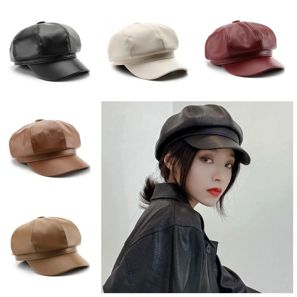 JK Solid Color Vintage PU Beret Cap British Retro Black Octagonal hat Keep Warm Versatile Korean Leather Painter Hat for Woman 6