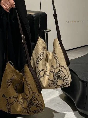 Retro Print Suede Hobo Tote Bag Women Large Capacity Commuter Single Shoulder Bag Versatile Lazy Style Autumn Winter