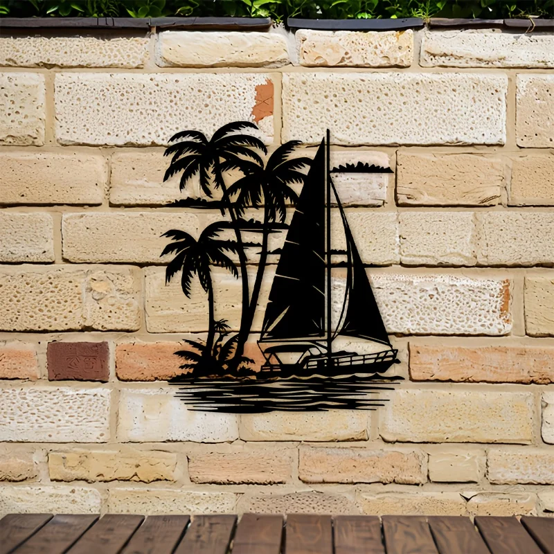 Flat Sailing Boat Palm Tree Iron Wall Art, Black Nautical Cut-Out Hanging Decor, Indoor  Living Room Patio Beach House Accent - view 2