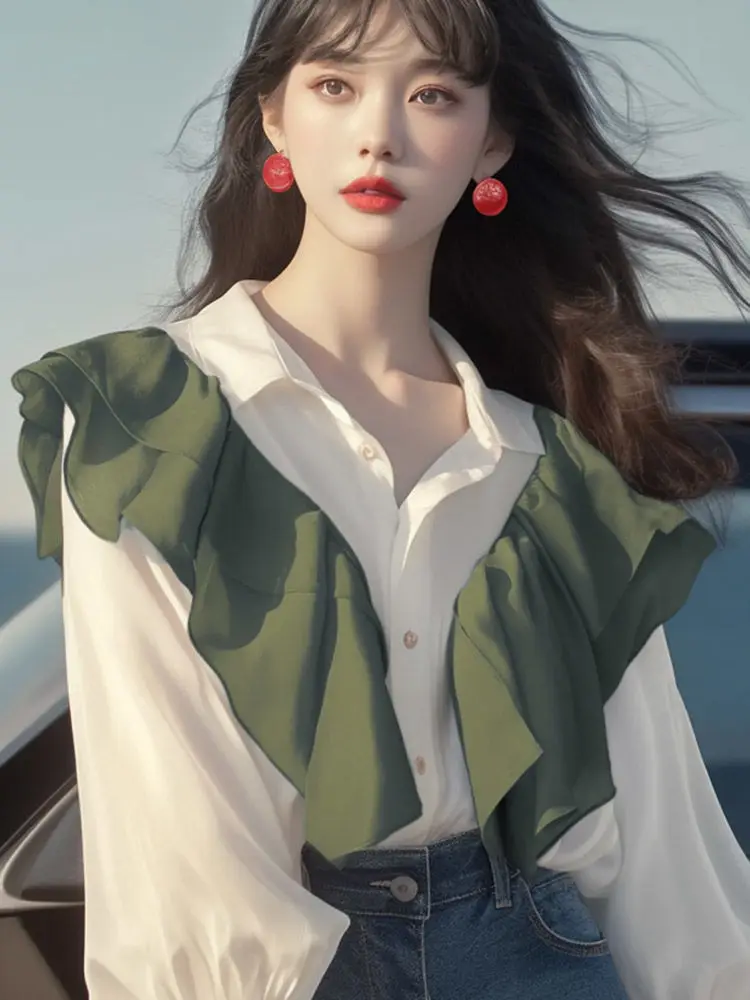 O design popular deste ano é exclusivo chique elegante linda cor contrastante com babados e emenda de borda camisa de manga comprida