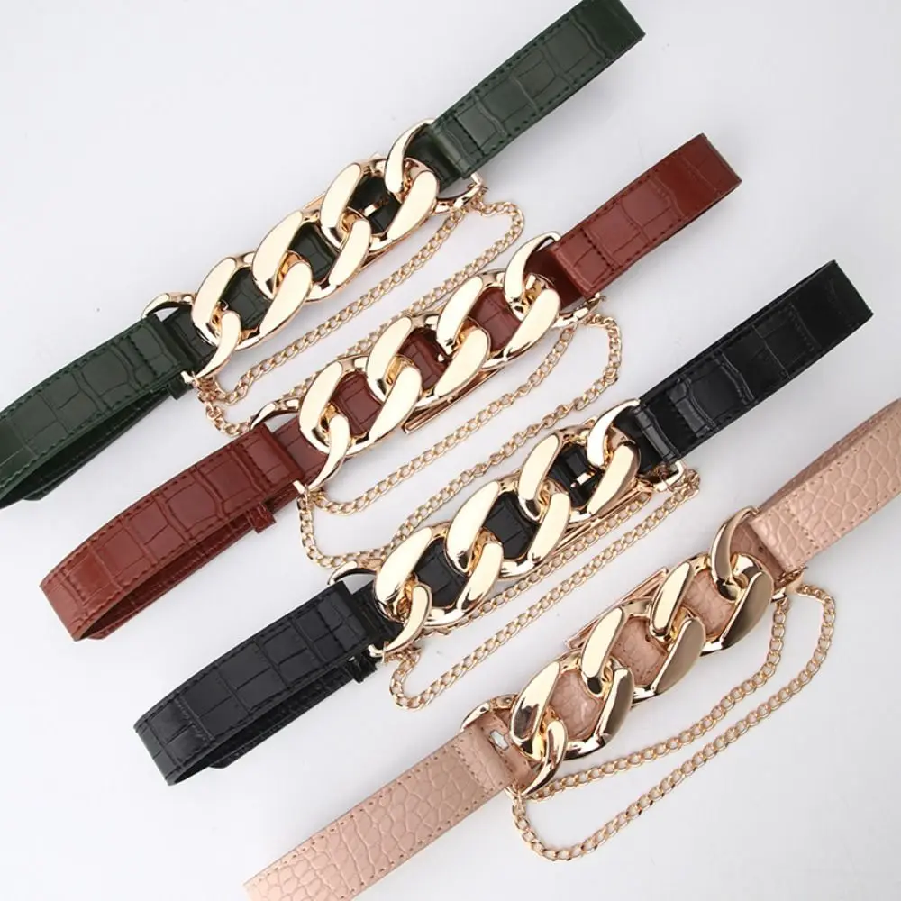 

Temperament Pu Leather Women Retro Belt Chain Waistband Metal Buckle Belt Wide Belt Korean Style Female Cummerbunds Women