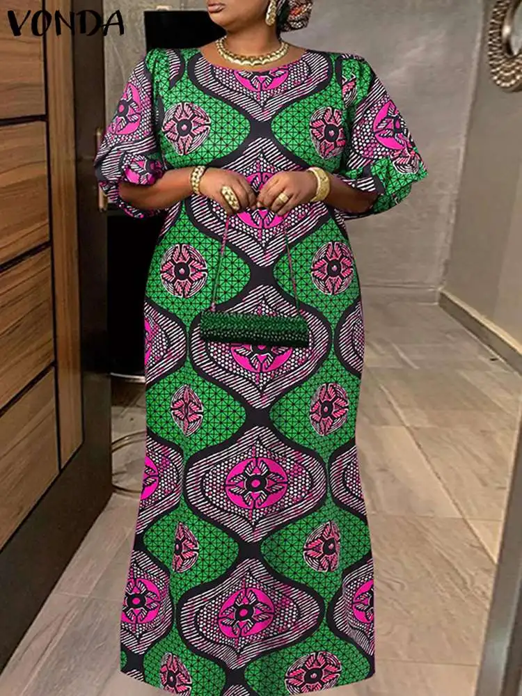 Plus Size VONDA Bohemian Women Printed Long Maxi Dress 2024 Autumn Vintage Sundress O-Neck Casual Loose Half Sleeve Robe Femme