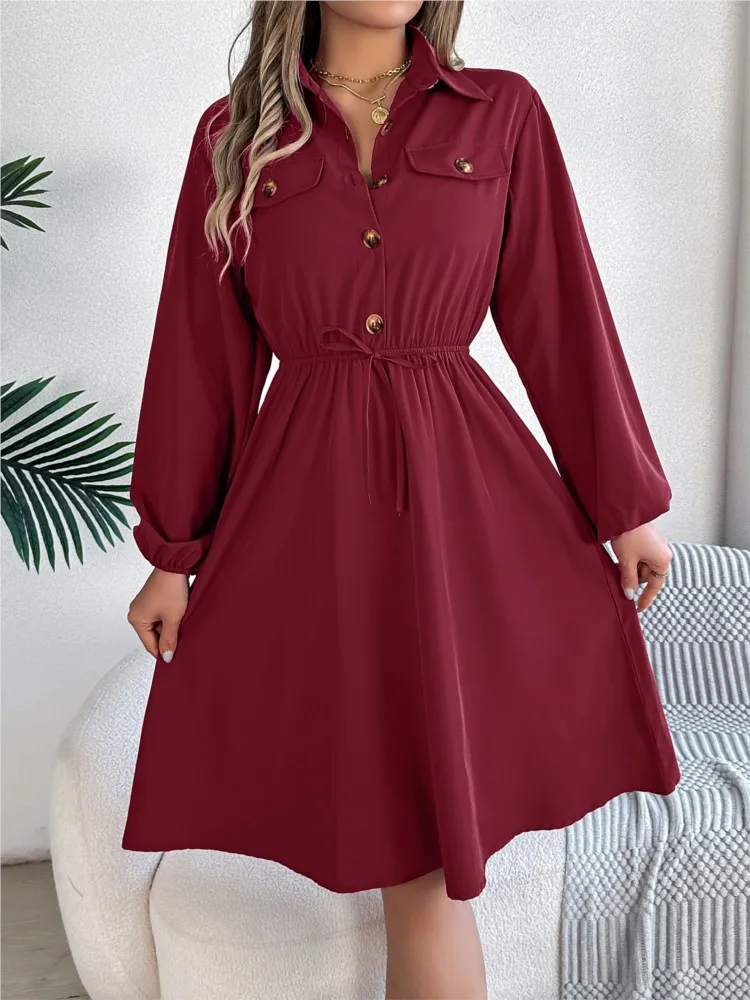 

Autumn Dresses For Women Casual Solid Color Cinched Waist Long Sleeve Collar Dress For Spring & Fall Long Sleeved Shirt Dress