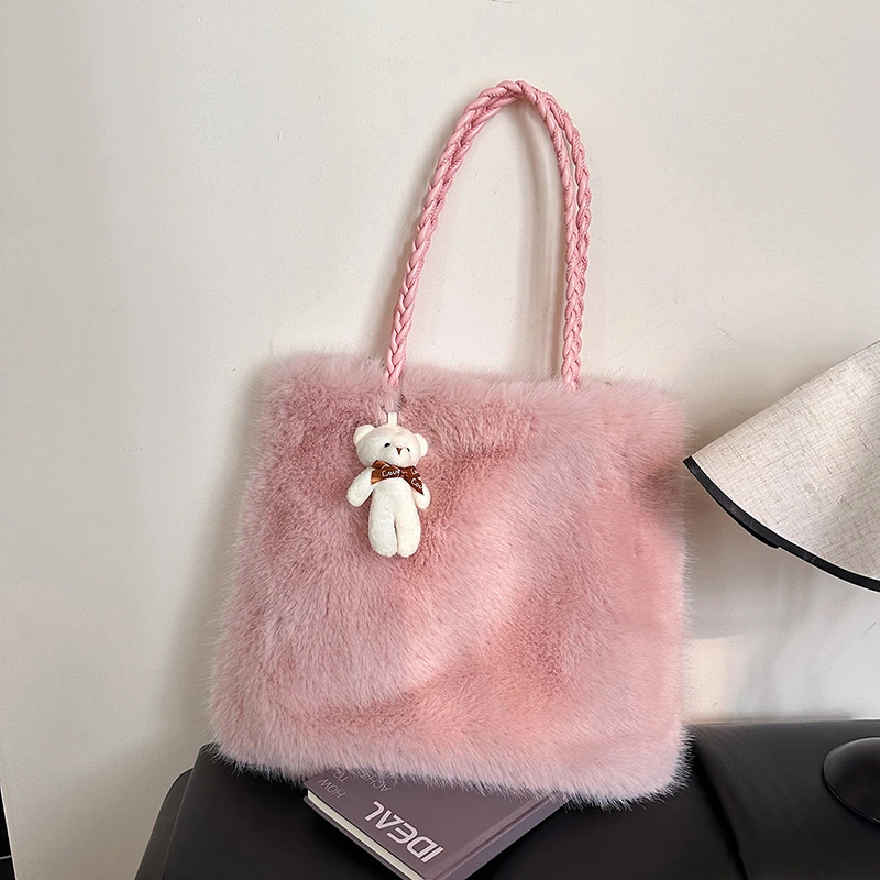 

Flannel Soft Warm Solid Color Hasp Casual Tote 2025 Winter Thicken Shoulder Bags Daily Commute Simple Casual Women's Handbags