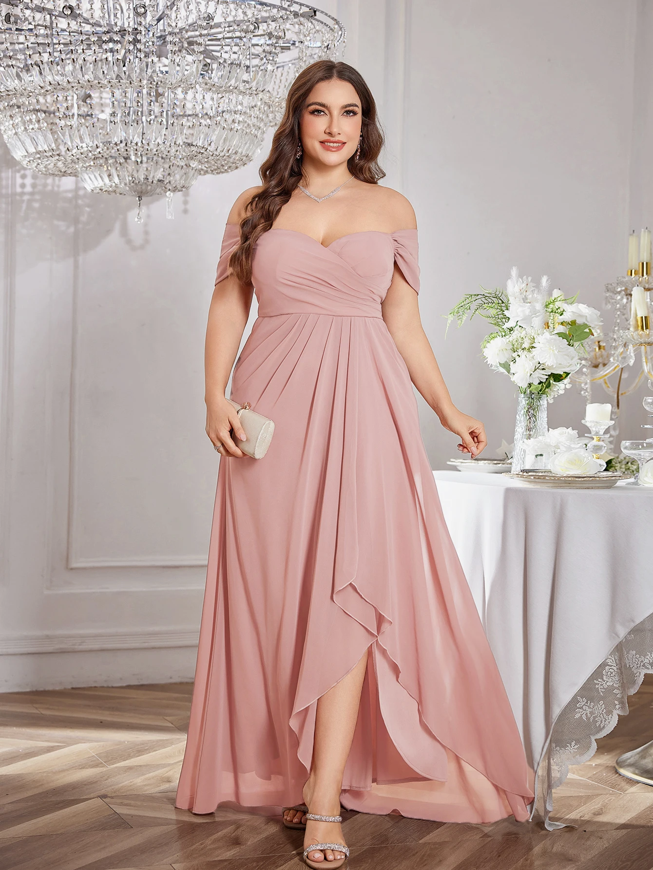 

Plus Size Women Solid Color Chiffon Ruffle Crossed Waist Asymmetrical Hem Elegant Bridesmaid Dress