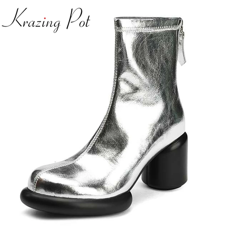 

Krazing Pot Cow Leather Round High Heel Round Toe Platform Chelesa Boots Silver Color Zipper Street Wear Keep Warm Ankle Boots