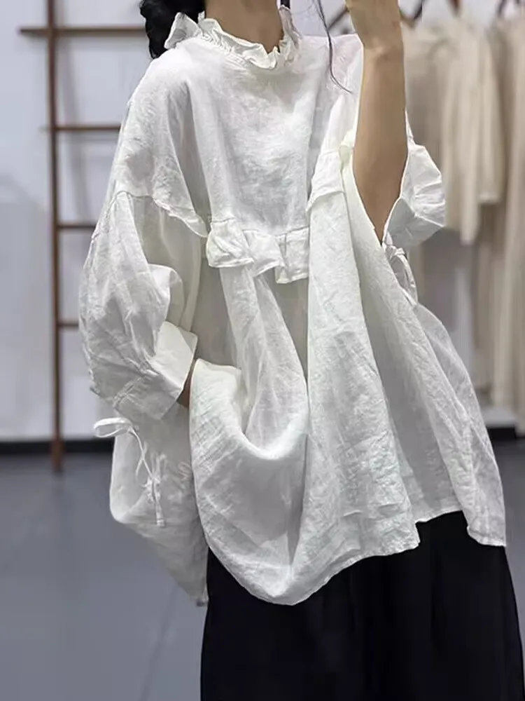 

Модная свободная женская рубашка с рюшами под дерево, омолаживающая, универсальная, летняя, повседневная, в стиле кэжуал, с воротником-стойкой, Nine S...