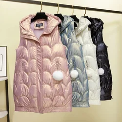 Autumn Winter Female Long Puffer Vest Sleeveless Down Cotton Coat 2024 Women Long Waistcoat Korean Hood Vest Parkas Jacket