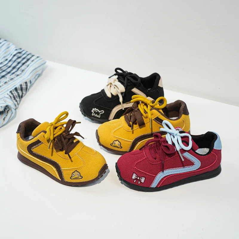 

Spring Autumn Children's Boy Girls Microfiber Leather Thin Bottom Running Shoes Kid Toddler Two-tone Shoelaces Non-slip Training