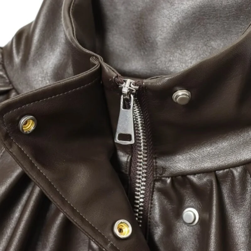 كول سيدة فو سترة جلدية معطف أزياء موتو نمط الشارع الشهير الرجعية طويلة الأكمام ملابس خارجية سستة معطف بسيط قمم الشتاء #4