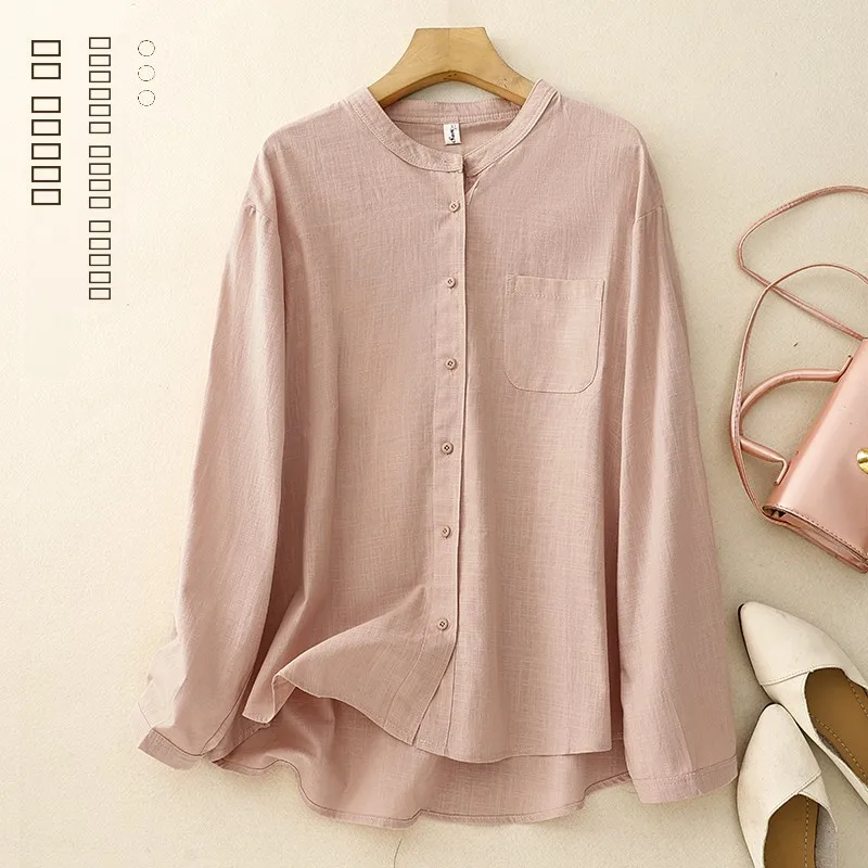 

Новая женская свободная блузка из розового хлопка и льна с длинным рукавом и круглым вырезом, в японском художественном стиле, для весны и осени, модная.